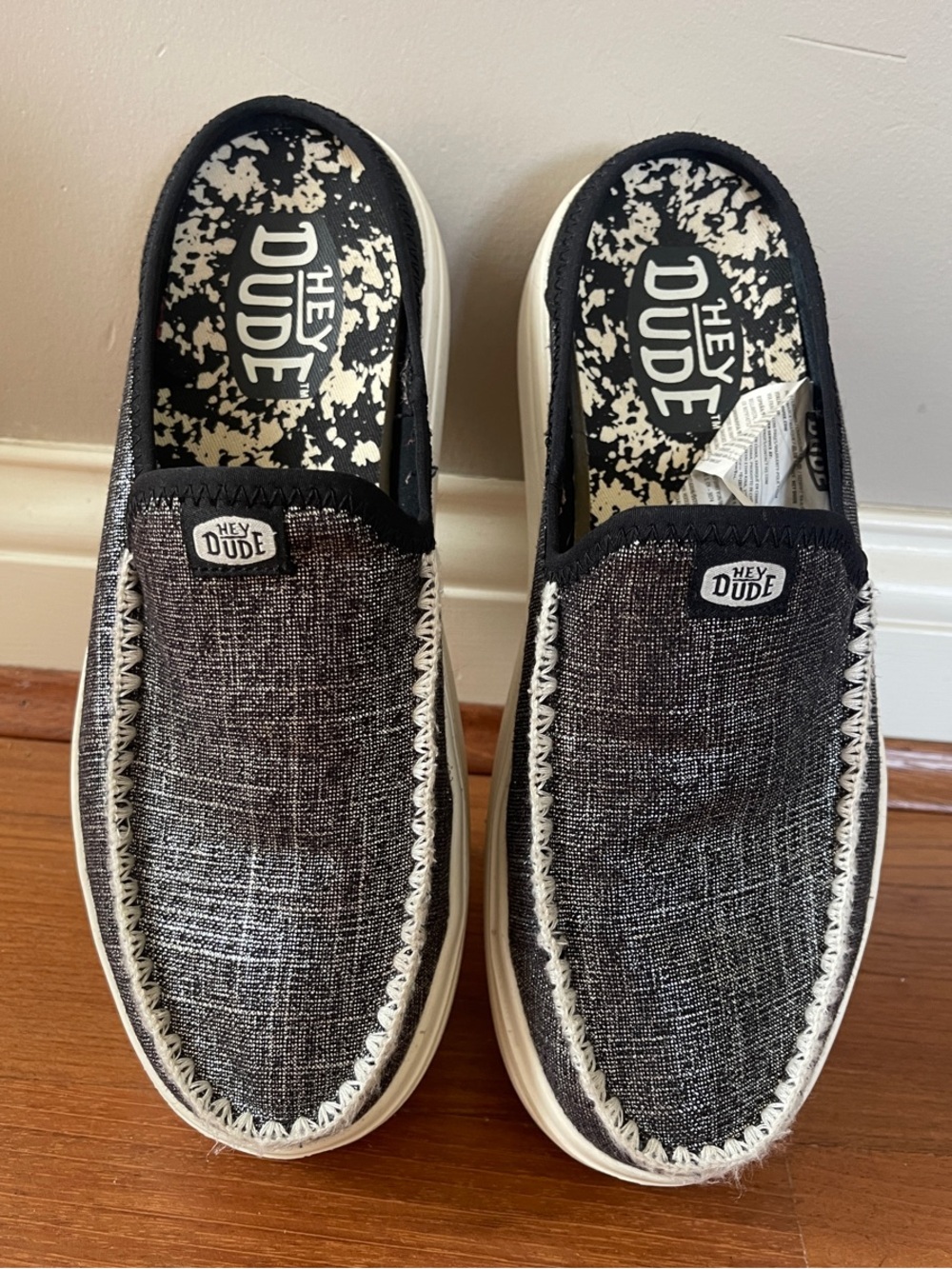 Hey Dude Womens Austin Black & Silver Canvas Slip-On Loafers